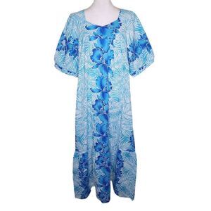 Vintage 80s Hawaiian Maxi Dress Mumu Womens Size L Blue Hibiscus